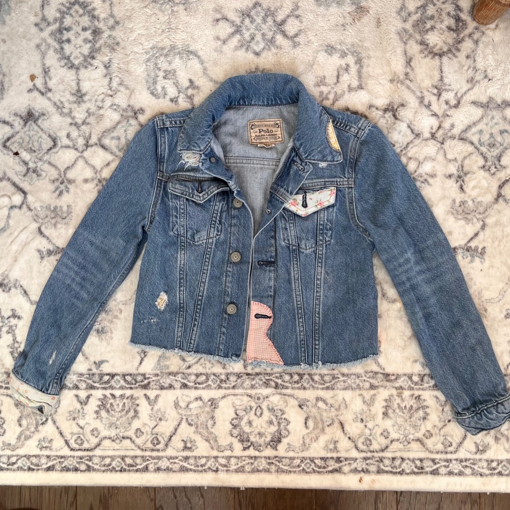 Polo Ralph Lauren Girls Distressed Denim Jacket Cottagecore Gingham Floral Med